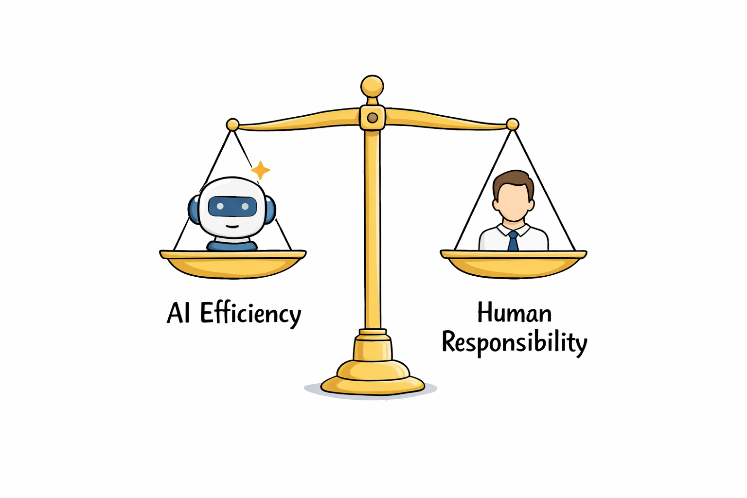 Conceptual illustration of balance scale perfectly balanced between AI Efficiency and Human Responsibility